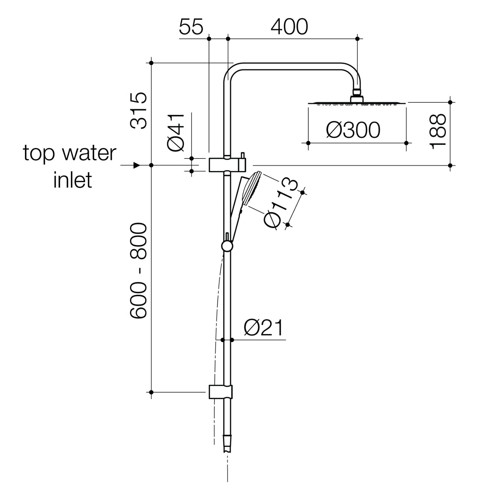 Technical Drawing Caroma Urbane II Rail Shower 300mm Overhead Gunmetal 99630GM3A - The Blue Space