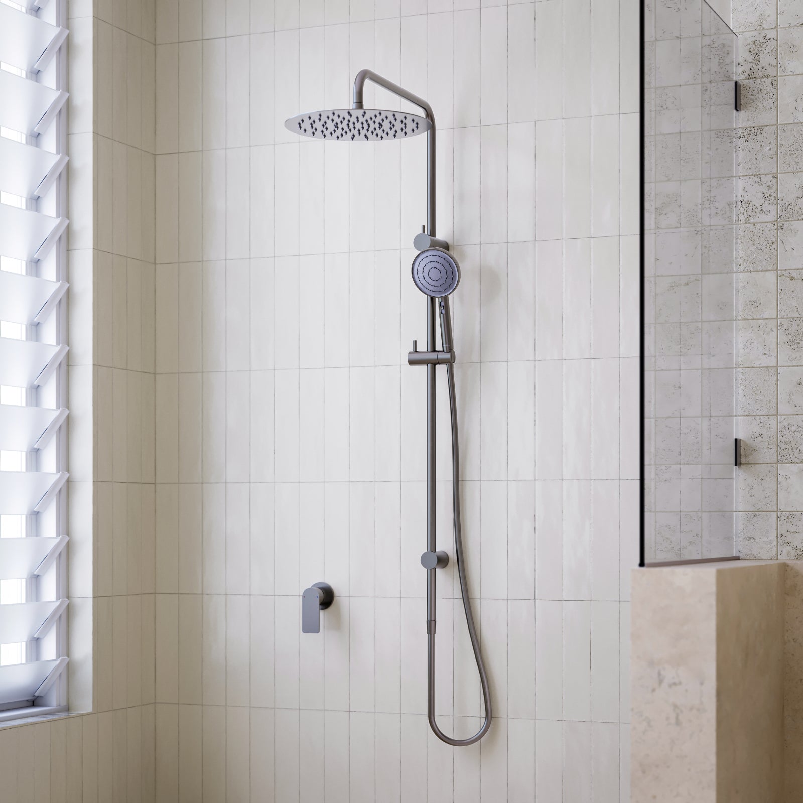 Caroma Urbane II Rail Shower 300mm Overhead Gunmetal  | The Blue Space