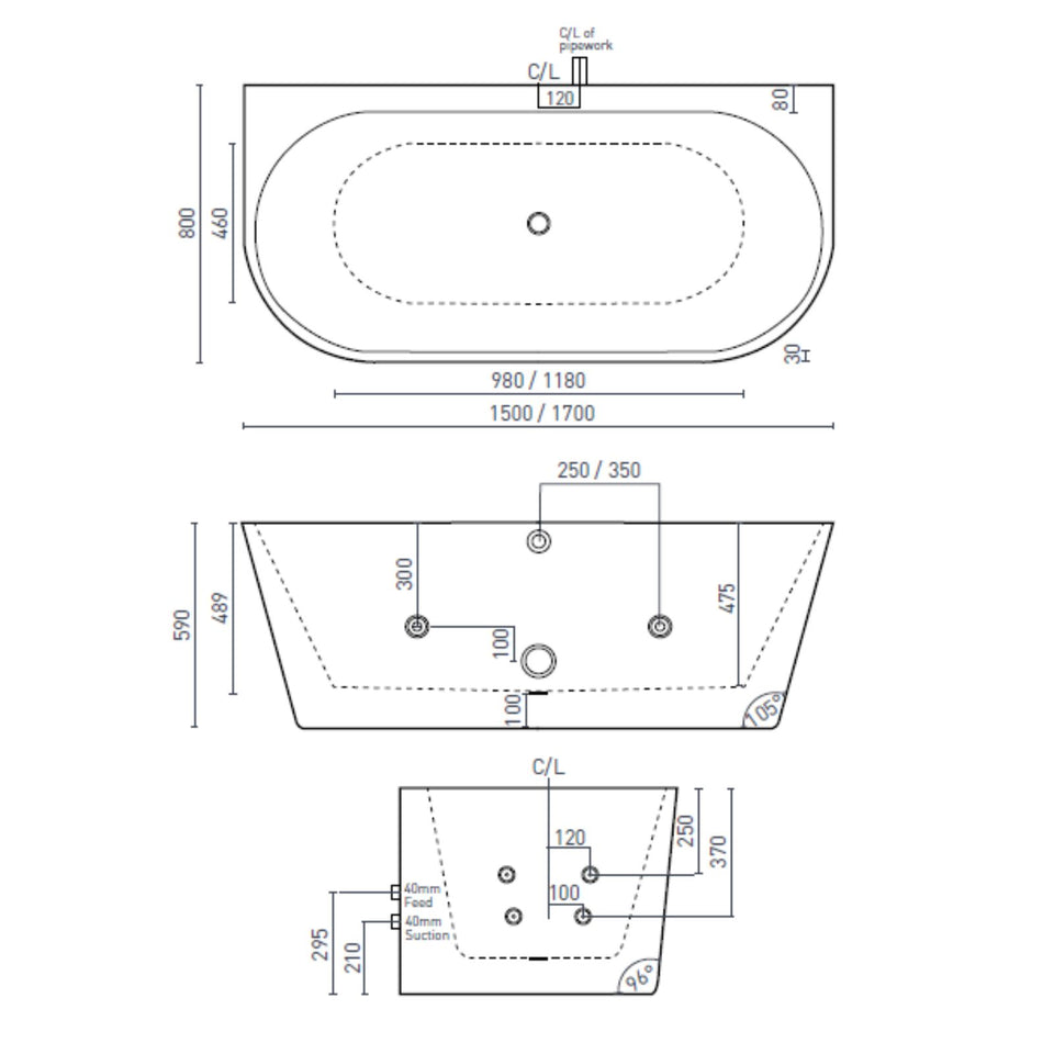 Decina Alegra Contour Back-To-Wall Freestanding Spa Bath 1500mm with White Jets