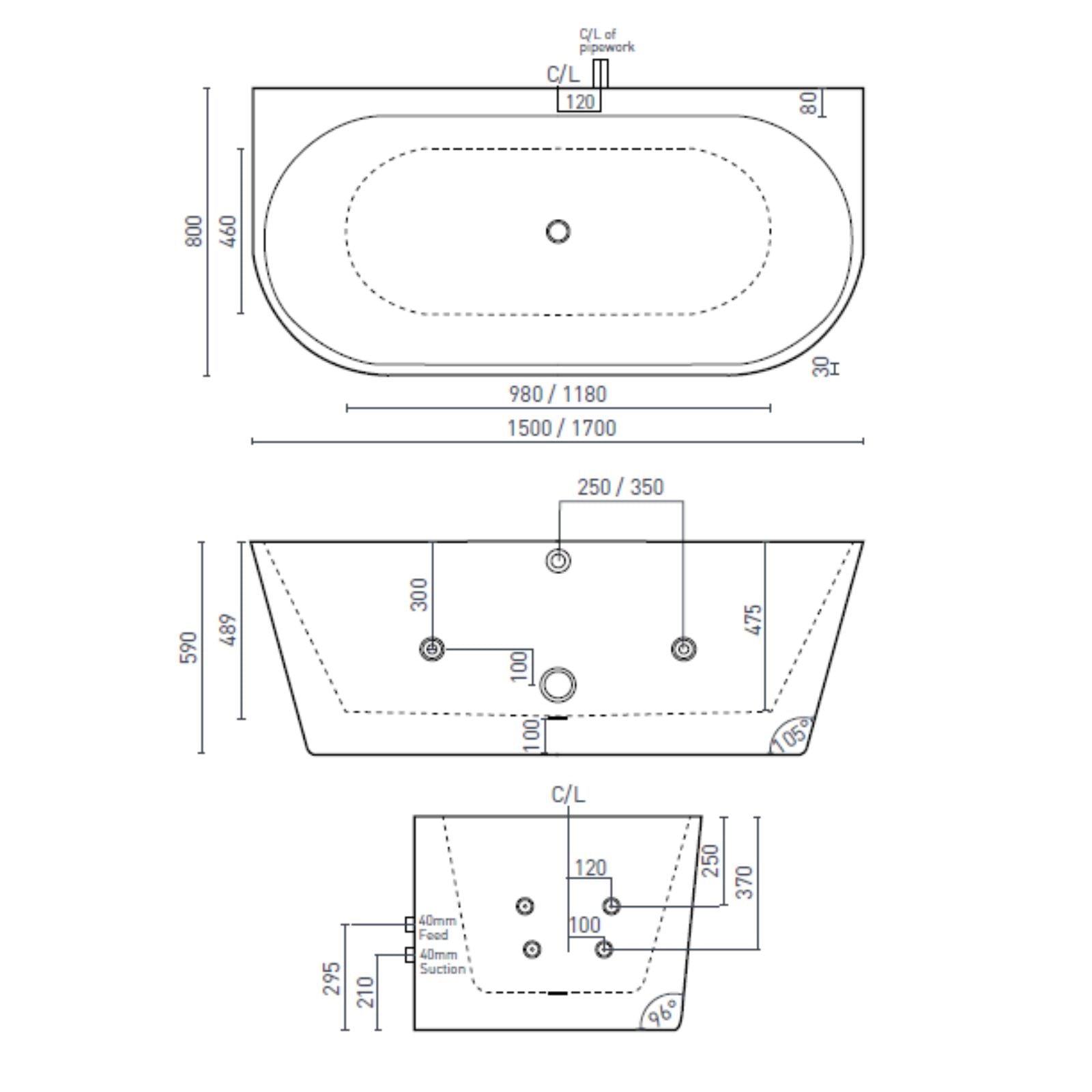 Technical Drawing Decina Alegra Countour Back-To-Wall Freestanding Spa Bath 1700mm with White Jets AG1700BTWCNWHJT - The Blue Space