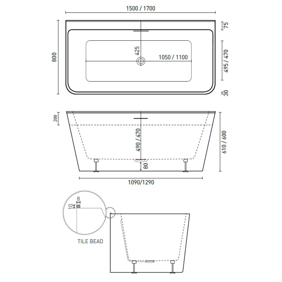 Decina Aria 1700 Back-To-Wall Freestanding Bath with Integrated Overflow