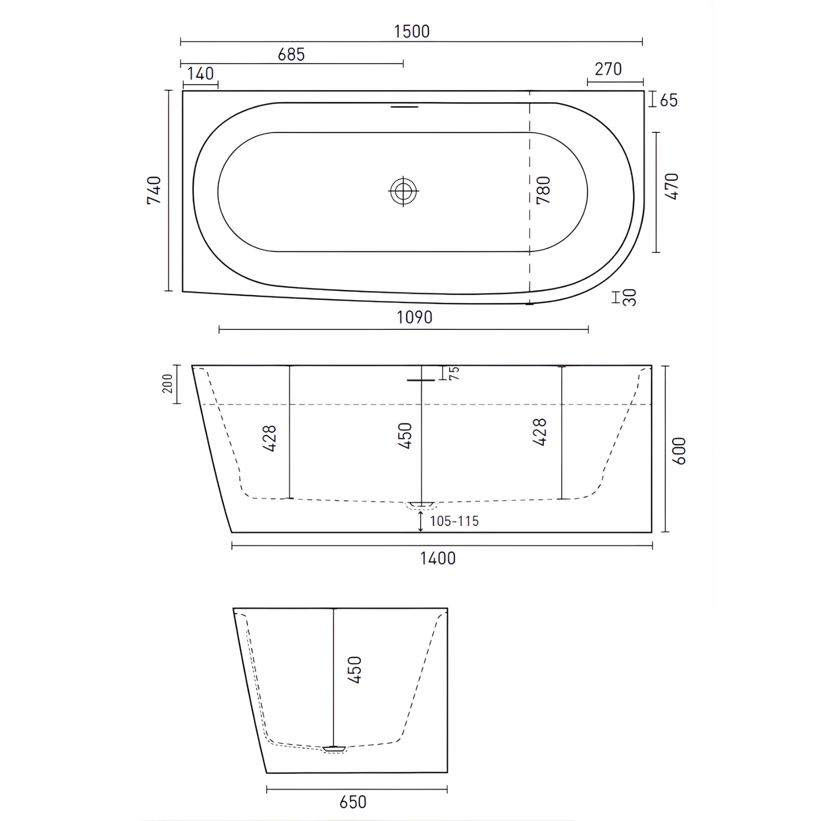 Technical Drawing Decina Natalia 1500 Back-To-Wall Corner Bath with Overflow NA1500LWIO - The Blue Space