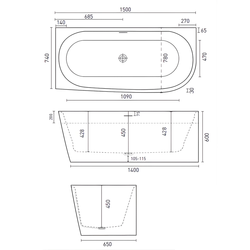Decina Natalia 1500 Back-To-Wall Corner Bath with Overflow