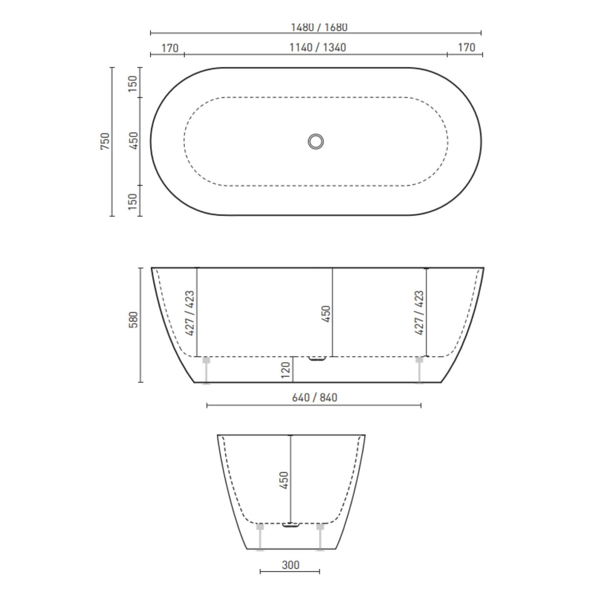 Technical Drawing Decina Novara 1480 Freestanding Bath NO1480W - The Blue Space