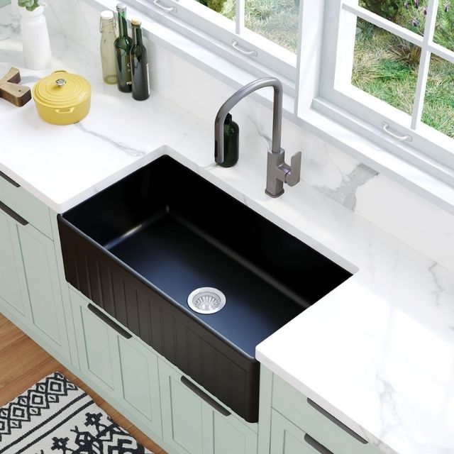 Lifestyle 1 Fienza Benson Butler Sink Large 828 Reversible Fluted & Flat Fire Clay Matte Black 828X452X254mm 68708 - The Blue Space