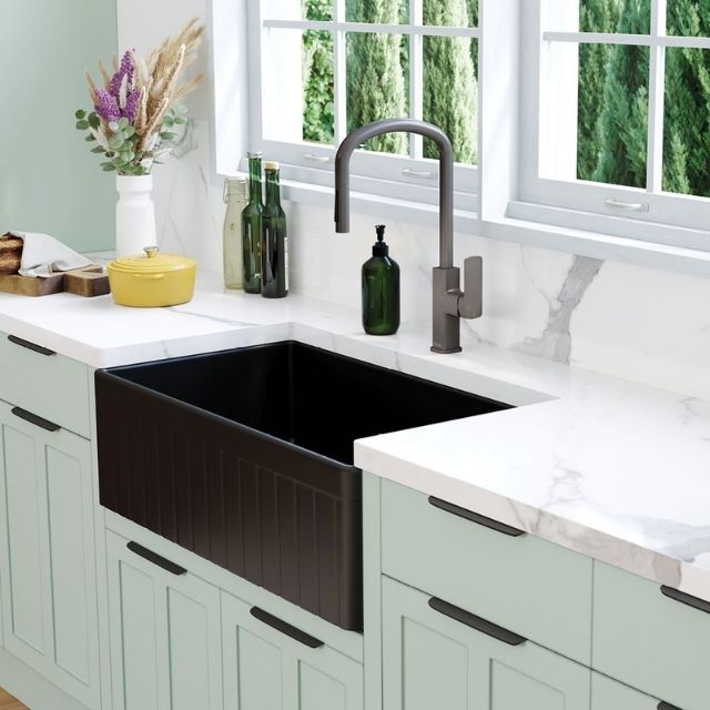 Fienza Benson Butler Sink Large 828 Reversible Fluted & Flat Fire Clay Matte Black 828X452X254mm