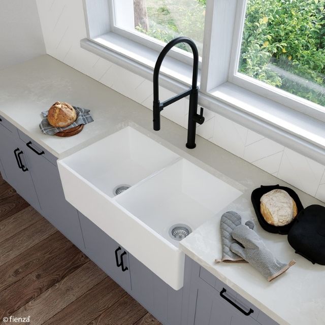 Fienza Charlton Butler Sink Double Reversible Fluted & Flat 835mm Fire Clay Gloss White