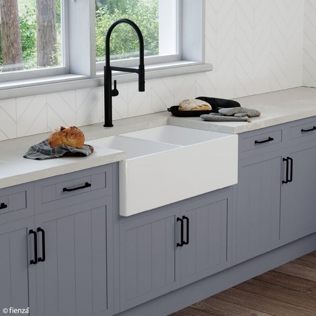 Fienza Charlton Butler Sink Double Reversible Fluted & Flat 835mm Fire Clay Gloss White