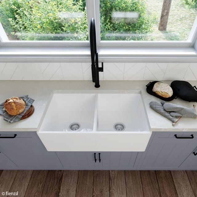 Fienza Charlton Butler Sink Double Reversible Fluted & Flat 835mm Fire Clay Gloss White