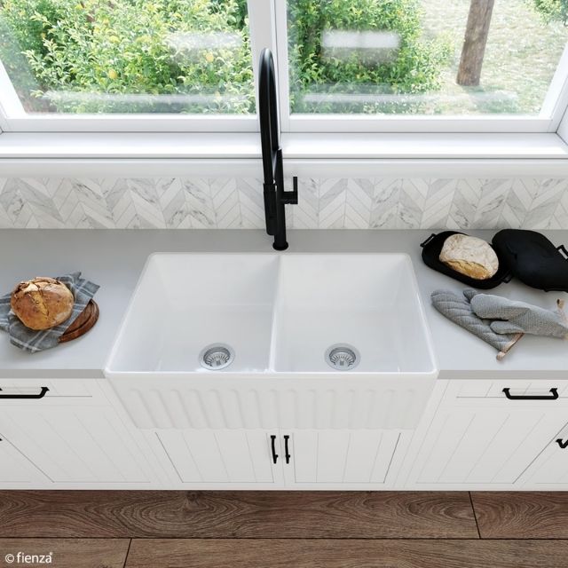 Fienza Charlton Butler Sink Double Reversible Fluted & Flat 835mm Fire Clay Gloss White