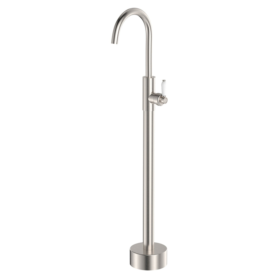 Fienza Eleanor Floor Mounted Basin/Bath Mixer, Brushed Nickel / Ceramic