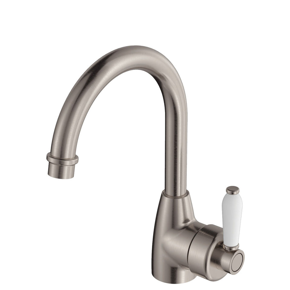Fienza Eleanor Gooseneck Basin Mixer, Brushed Nickel / Ceramic