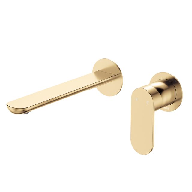 Fienza Empire Slim Basin/Bath Wall Mixer Set Round Plates 200mm Urban Brass