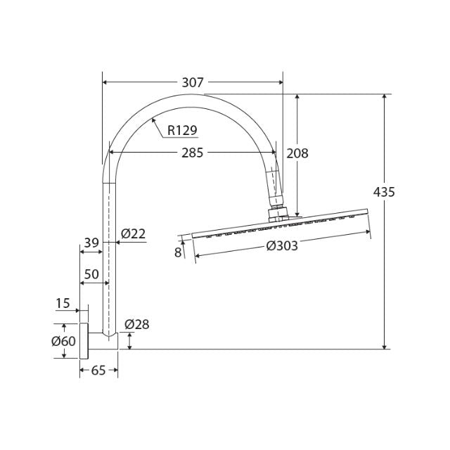 Technical Drawing Fienza Empire Slim Curved Shower Arm Set Matte Black 411109B-D - The Blue Space