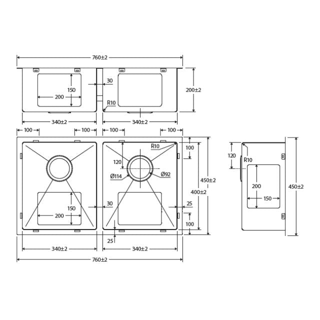 Fienza Hana Double Bowl Sink 27L-27L Anti Scratch 760X450X200mm