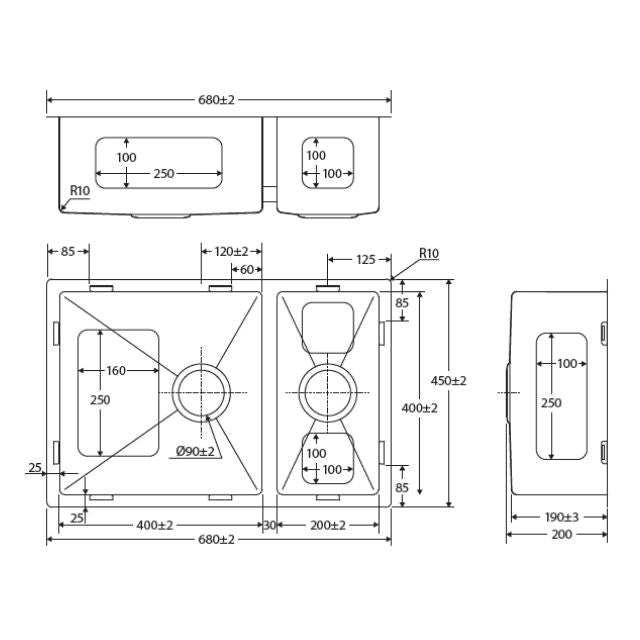 Fienza Hana Double Bowl Sink 30L-15L Top/Undermount NTH Includes 2 Waste 10 Mount Clips 680X450X200mm