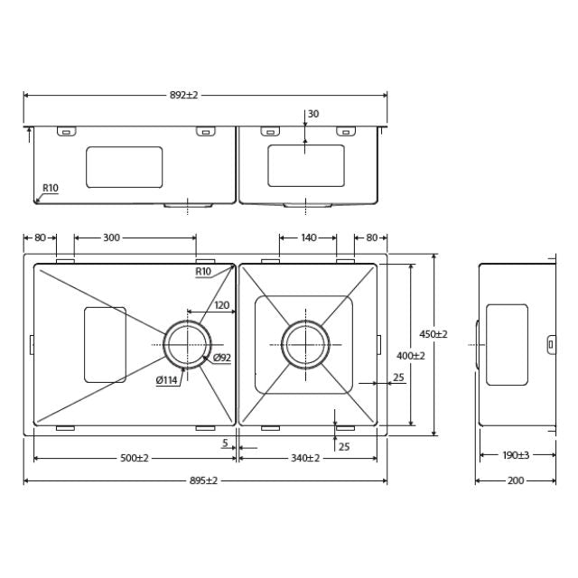 Fienza Hana Double Bowl Sink 40L-27L Slim Divider Top/Undermount 892X450X200mm