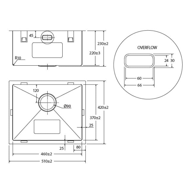 Fienza Hana Laundry Sink 39L With Overflow Top/Undermount 510X420X230mm