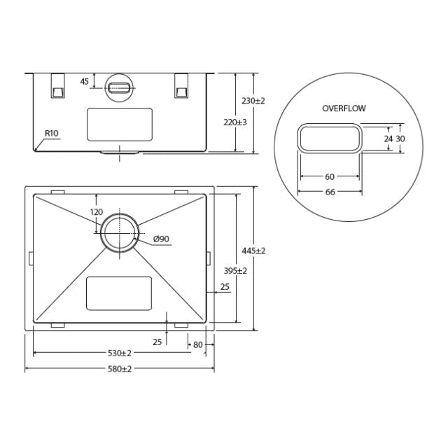 Fienza Hana Laundry Sink 50L With Overflow Top/Undermount 580X445X240mm