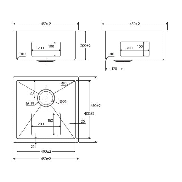 Technical Drawing Fienza Hana Single Bowl Sink 32L Anti Scratch 450X450X200mm 68401AS - The Blue Space