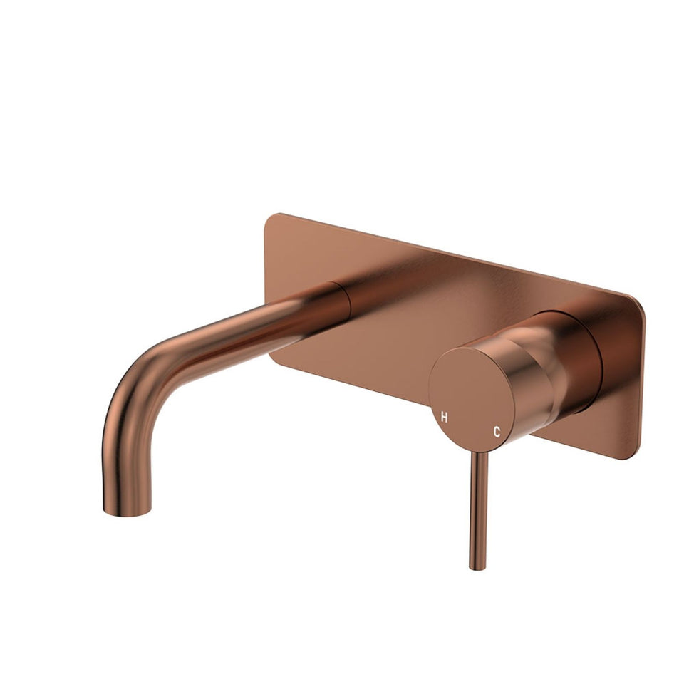 Fienza Kaya Basin/Bath Wall Mixer Set Rectangular Plate 130mm Outlet Brushed Copper