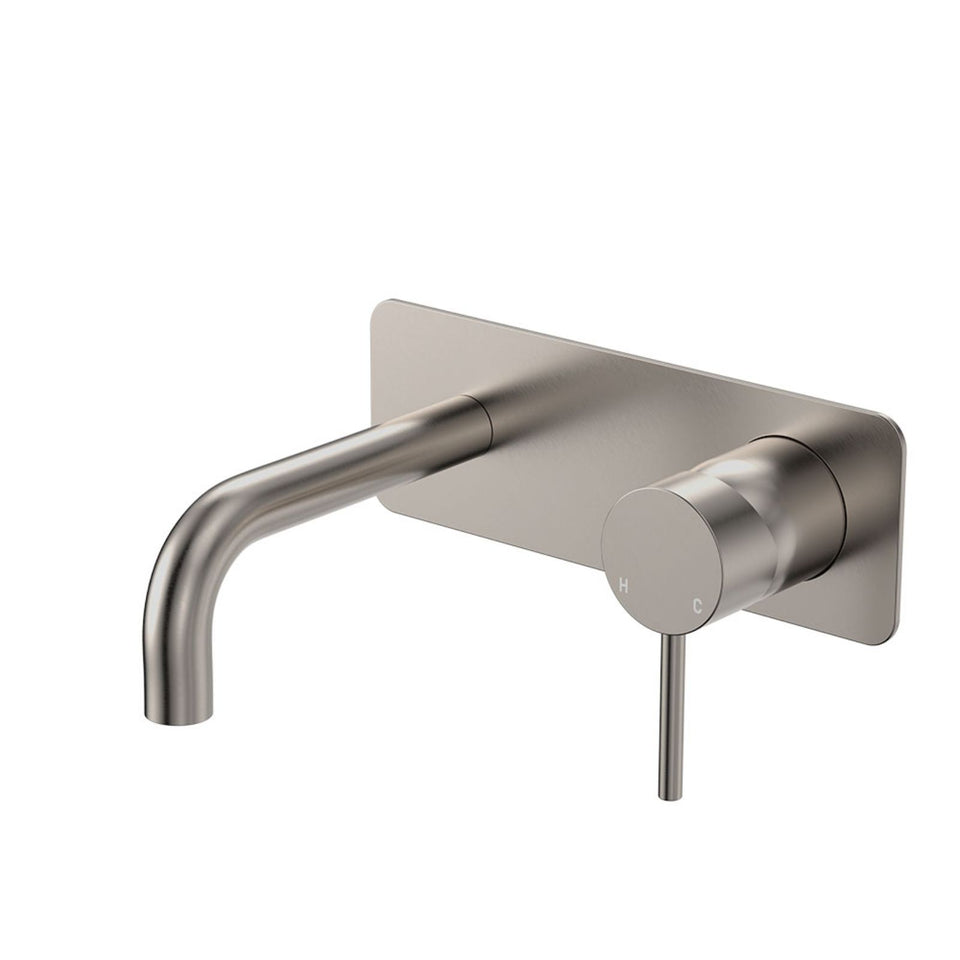 Fienza Kaya Basin/Bath Wall Mixer Set Rectangular Plate 130mm Outlet Brushed Nickel