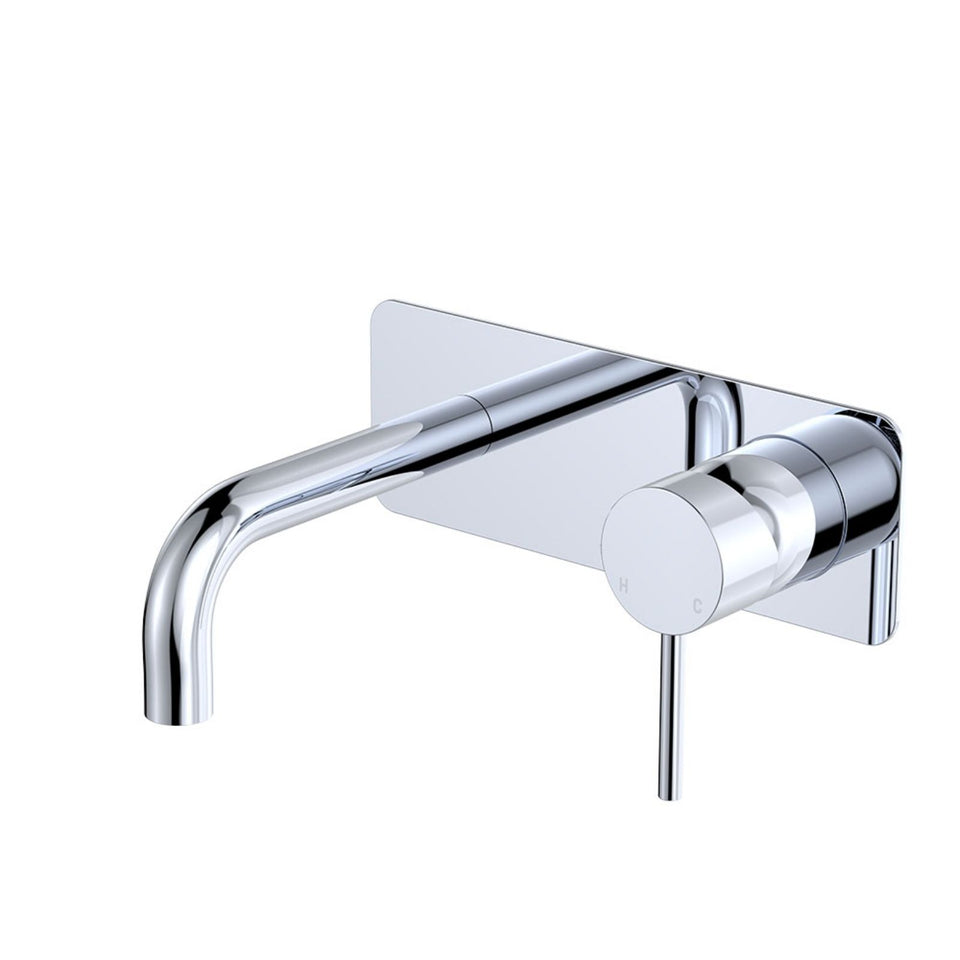 Fienza Kaya Basin/Bath Wall Mixer Set Rectangular Plate 130mm Outlet Chrome