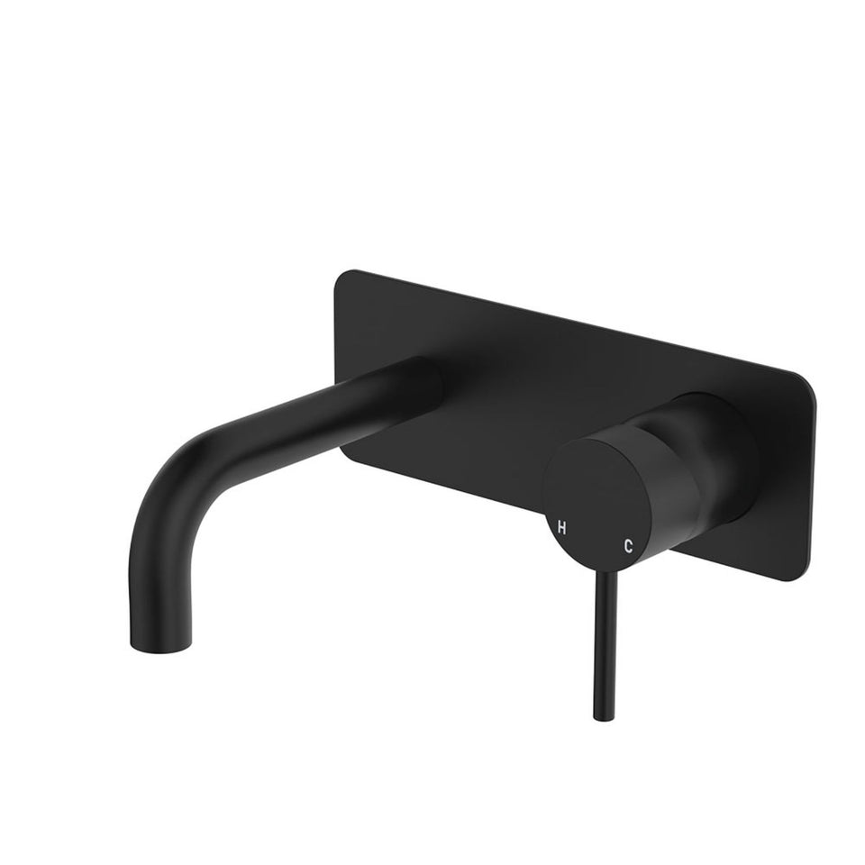 Fienza Kaya Basin/Bath Wall Mixer Set Rectangular Plate 130mm Outlet Matte Black