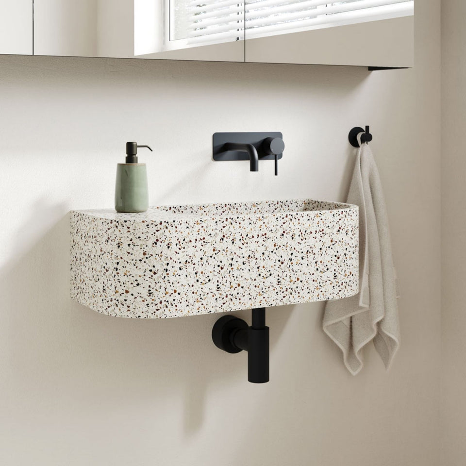 Fienza Kaya Basin/Bath Wall Mixer Set Rectangular Plate 130mm Outlet Matte Black