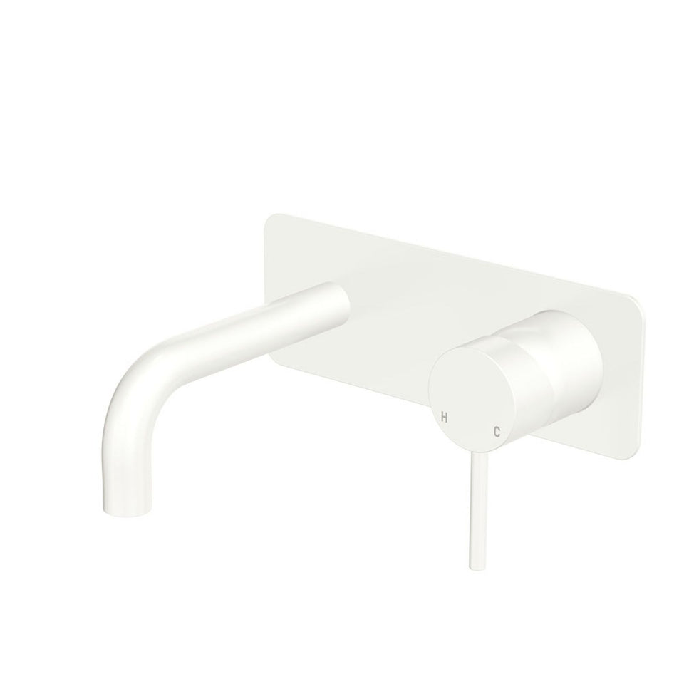 Fienza Kaya Basin/Bath Wall Mixer Set Rectangular Plate 130mm Outlet Matte White
