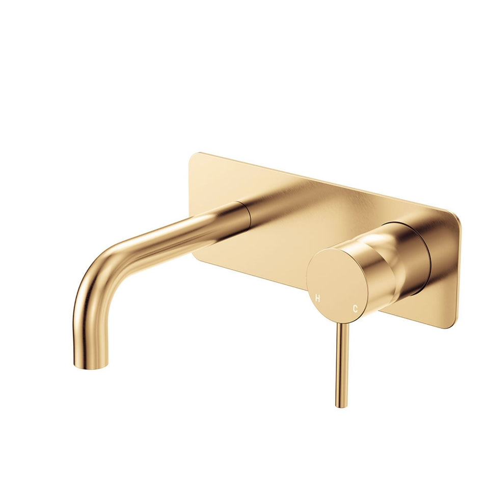 Fienza Kaya Basin/Bath Wall Mixer Set Rectangular Plate 130mm Outlet Urban Brass