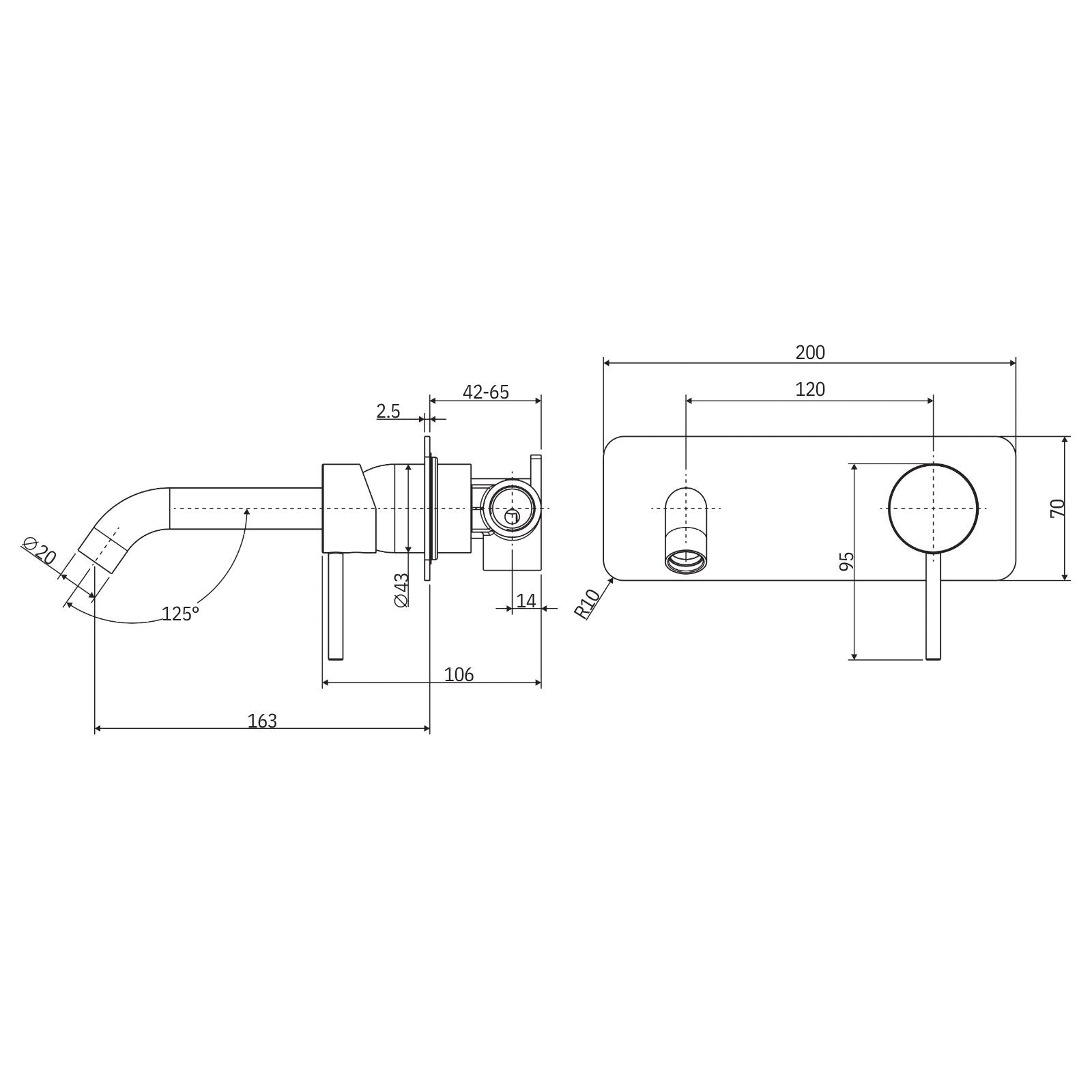 Technical Drawing Fienza Kaya Basin/Bath Wall Mixer Set Rectangular Plate 160mm Outlet Brushed Copper 228106CO-LF - The Blue Space
