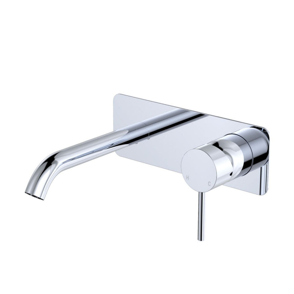 Fienza Kaya Basin/Bath Wall Mixer Set Rectangular Plate 160mm Outlet Chrome