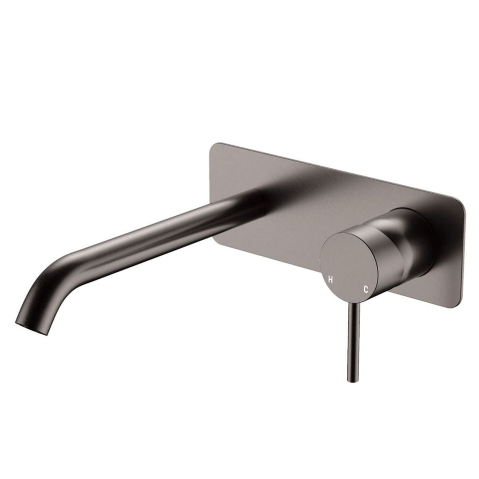 Fienza Kaya Basin/Bath Wall Mixer Set Rectangular Plate 200mm Outlet Gun Metal