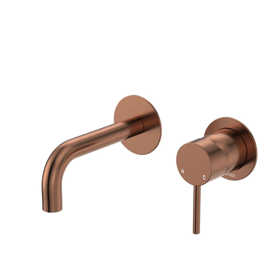 Fienza Kaya Basin/Bath Wall Mixer Set Round Plates 130mm Outlet Brushed Copper
