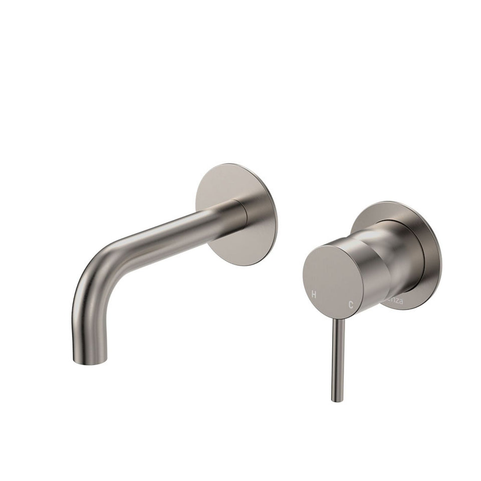 Fienza Kaya Basin/Bath Wall Mixer Set Round Plates 130mm Outlet Brushed Nickel