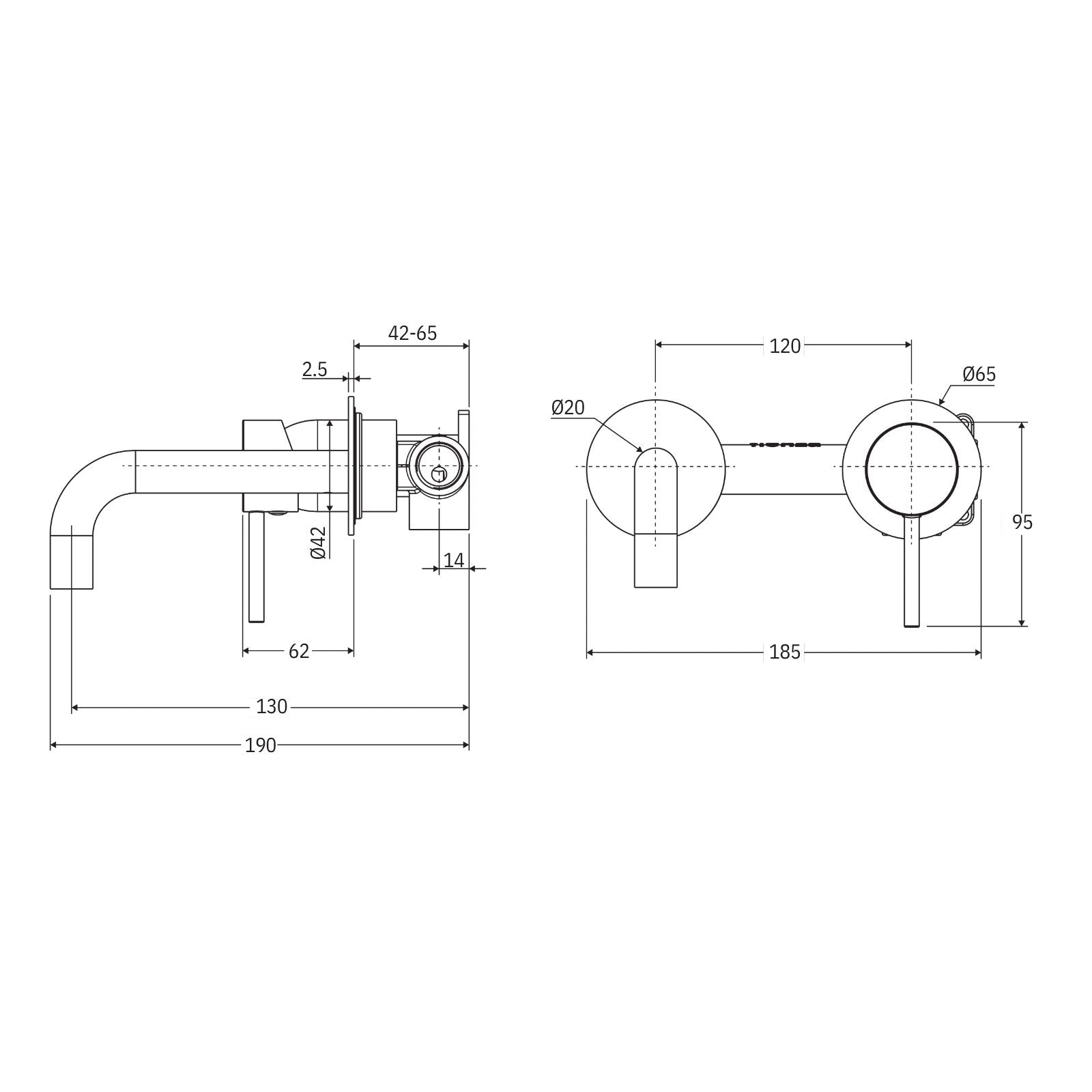 Technical Drawing Fienza Kaya Basin/Bath Wall Mixer Set Round Plates 130mm Outlet Brushed Nickel 228104BN-130-LF - The Blue Space