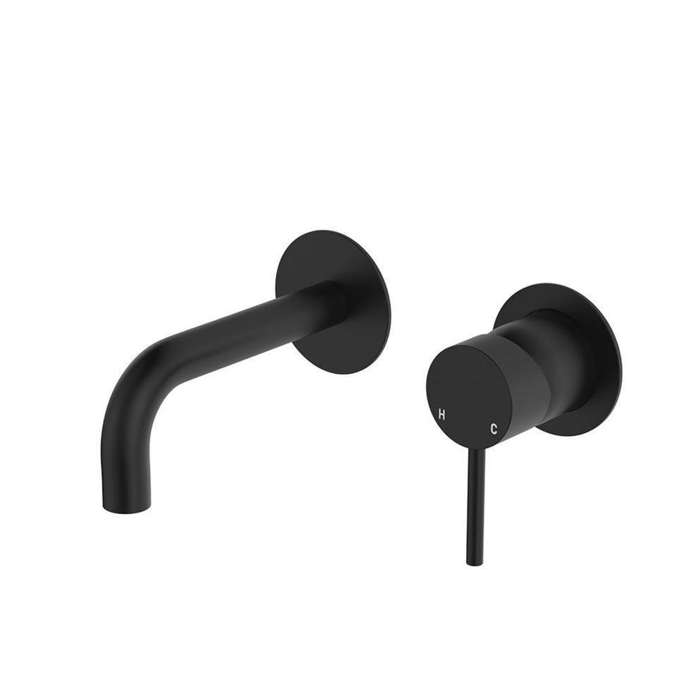 Fienza Kaya Basin/Bath Wall Mixer Set Round Plates 130mm Outlet Matte Black