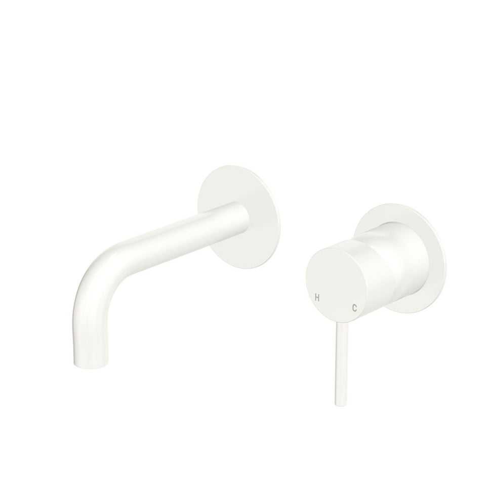Fienza Kaya Basin/Bath Wall Mixer Set Round Plates 130mm Outlet Matte White