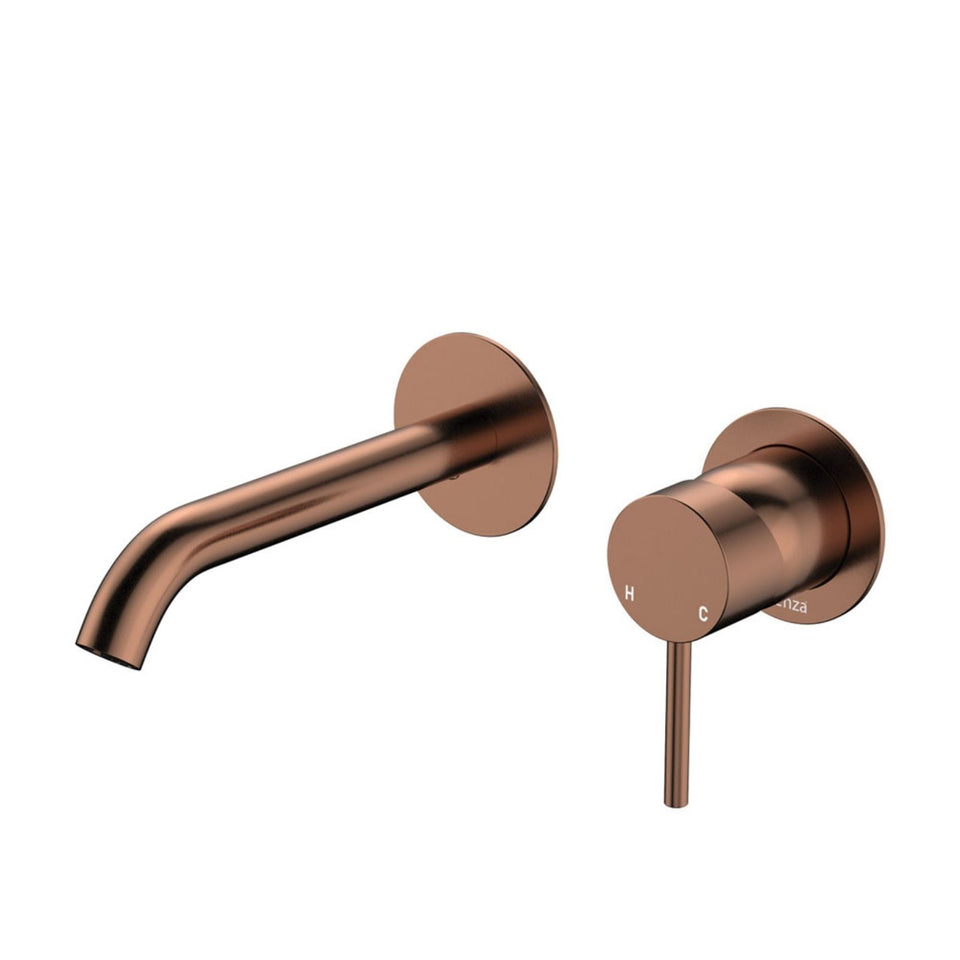 Fienza Kaya Basin/Bath Wall Mixer Set Round Plates 160mm Outlet Brushed Copper