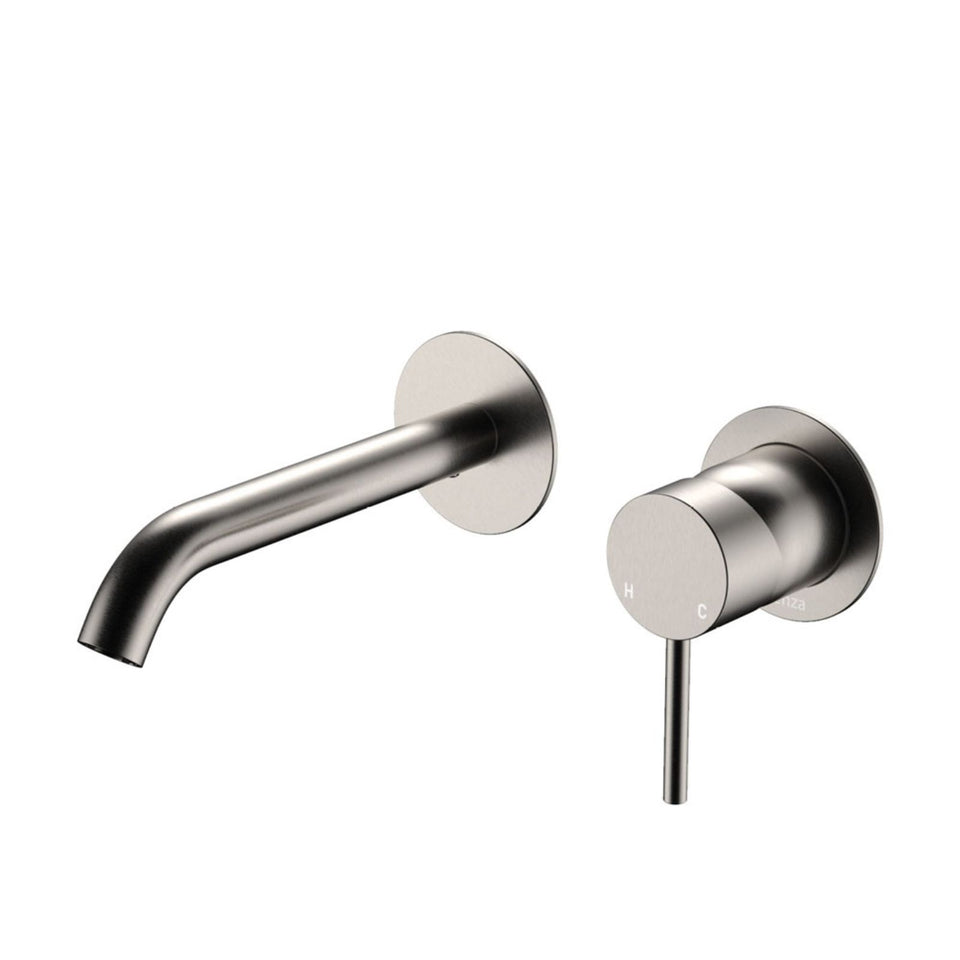 Fienza Kaya Basin/Bath Wall Mixer Set Round Plates 160mm Outlet Brushed Nickel