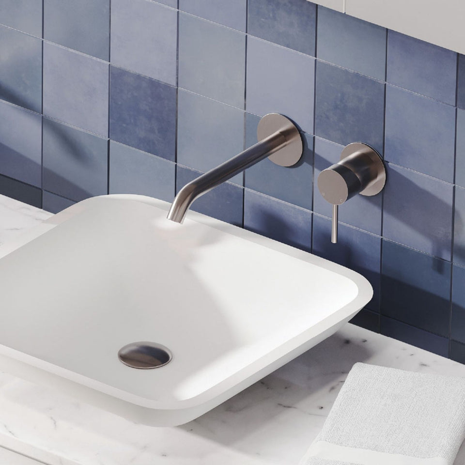 Fienza Kaya Basin/Bath Wall Mixer Set Round Plates 160mm Outlet Brushed Nickel
