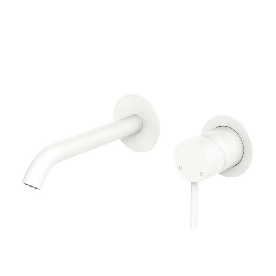 Fienza Kaya Basin/Bath Wall Mixer Set Round Plates 160mm Outlet Matte White