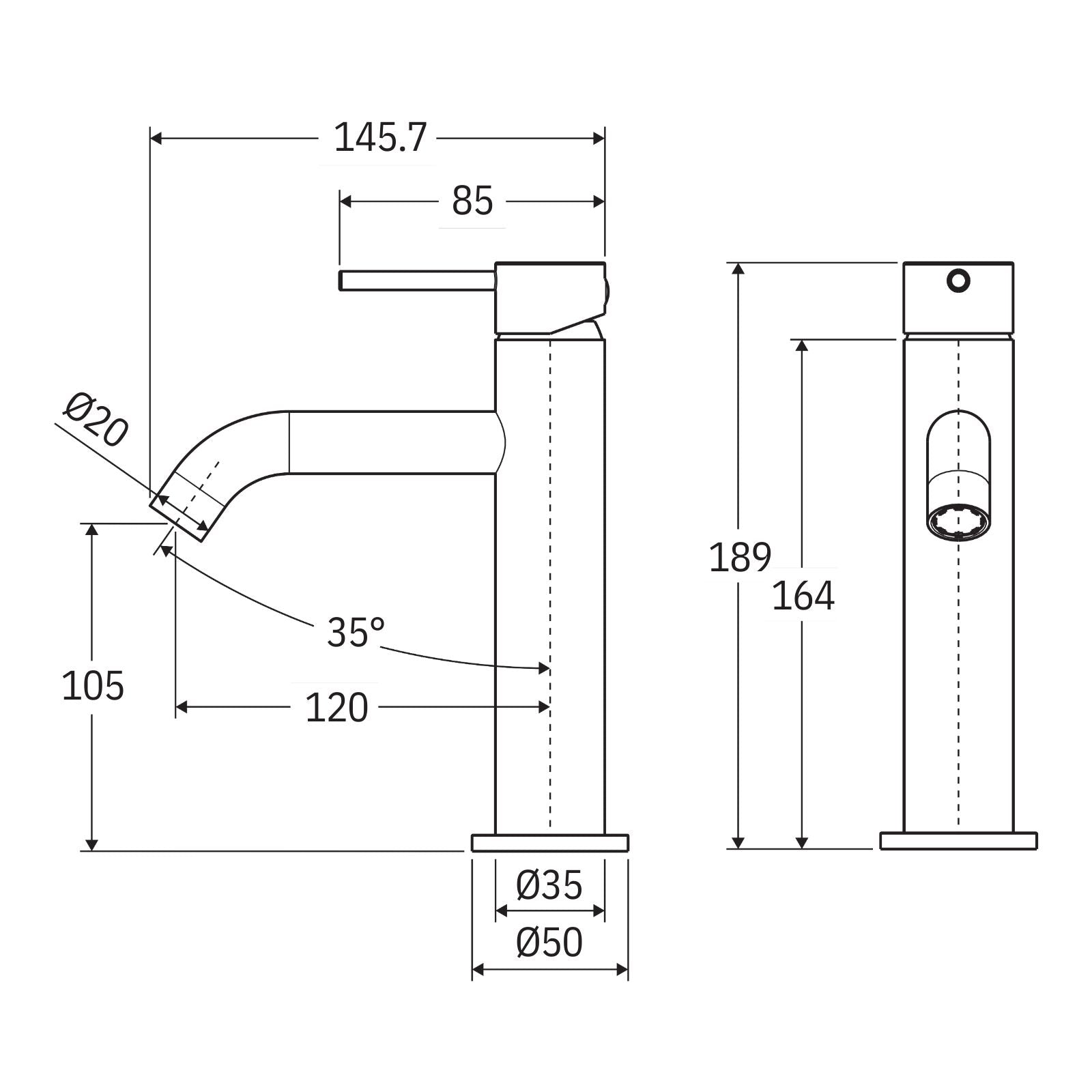 Technical Drawing Fienza Kaya Basin Mixer Matte Black 228103B-LF - The Blue Space