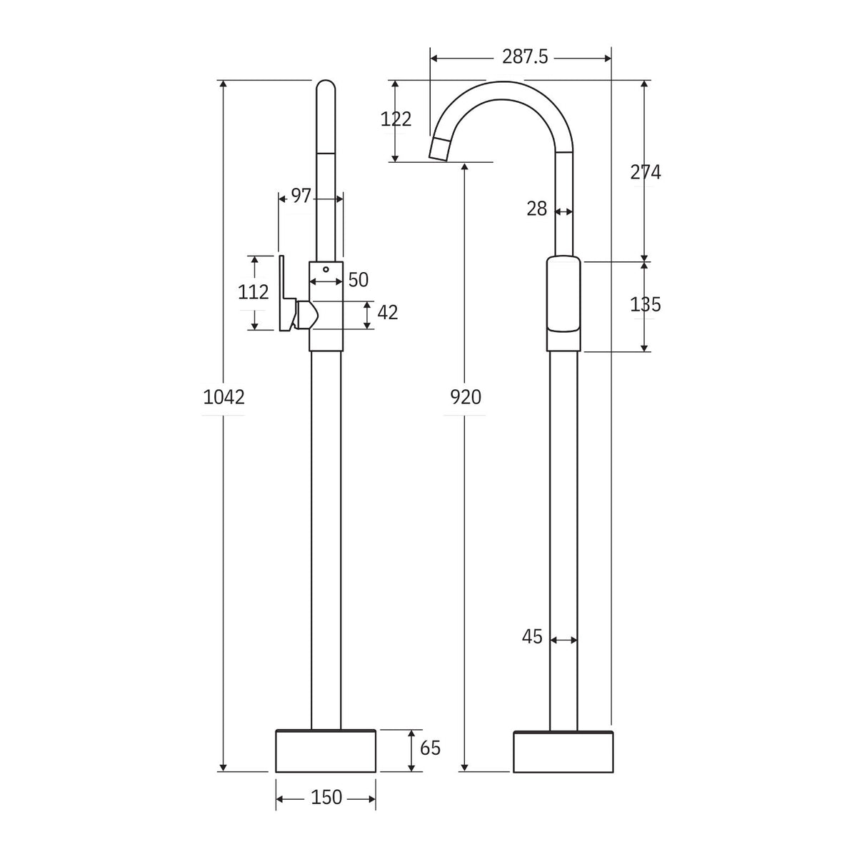 Technical Drawing Fienza Kaya Floor Mounted Basin/Bath Mixer Urban Brass 213112UB-LF - The Blue Space