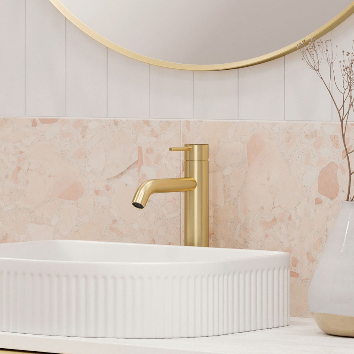 Lifestyle 1 Fienza Kaya Medium Basin Mixer Urban Brass 228110UB-LF - The Blue Space