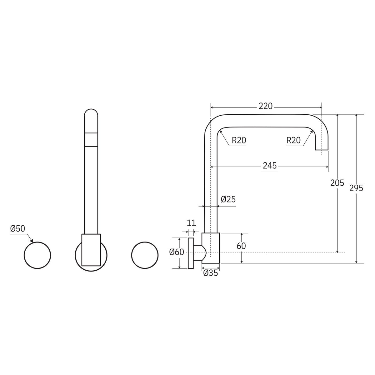 Technical Drawing Fienza Kaya Round Taps Squareline Wall Outlet Set Brushed Nickel 338105BN-LF - The Blue Space