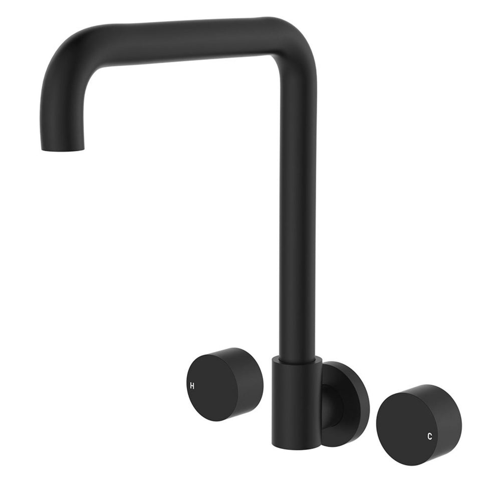 Fienza Kaya Round Taps Squareline Wall Outlet Set Matte Black