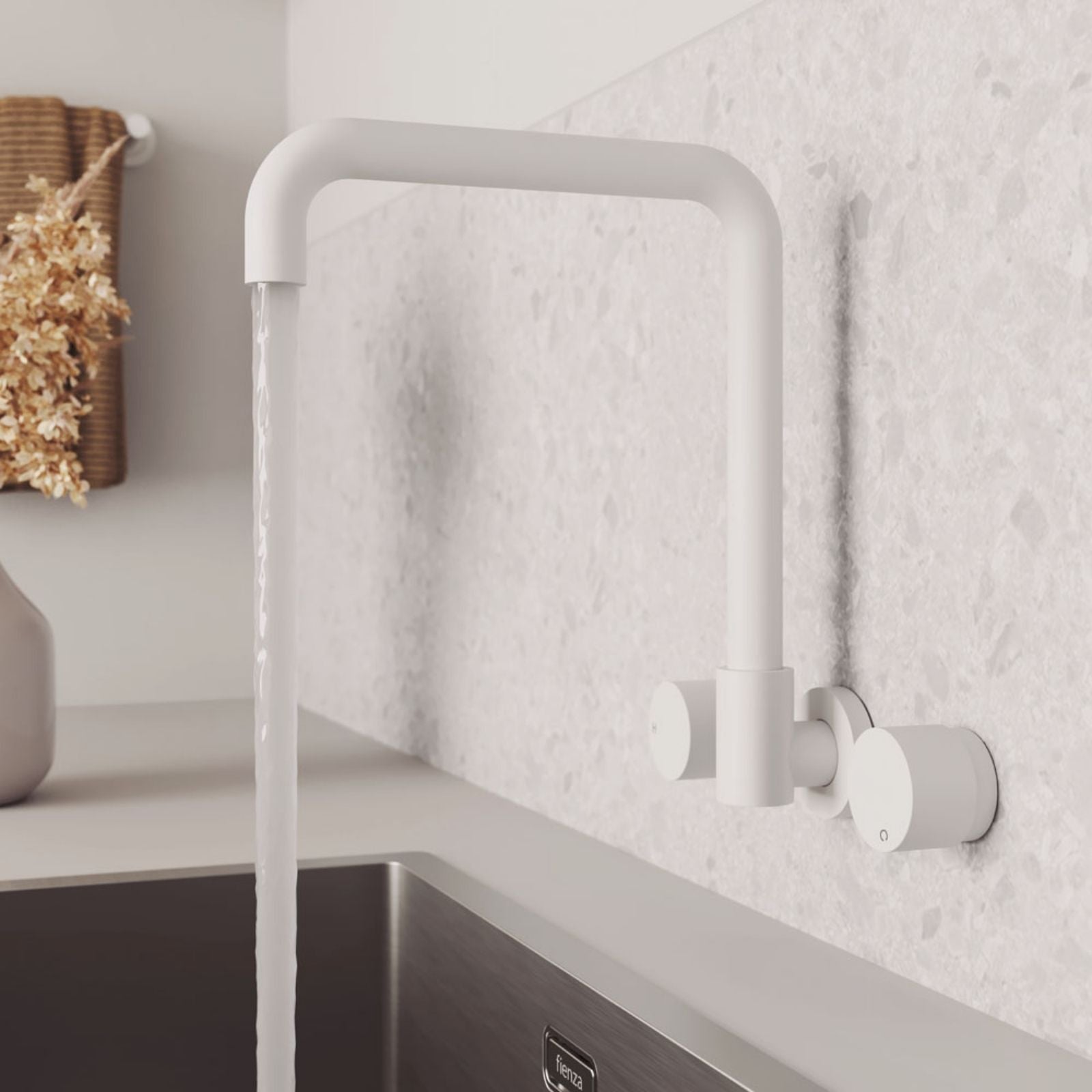Lifestyle 5 Fienza Kaya Round Taps Squareline Wall Outlet Set Matte White 338105MW-LF - The Blue Space