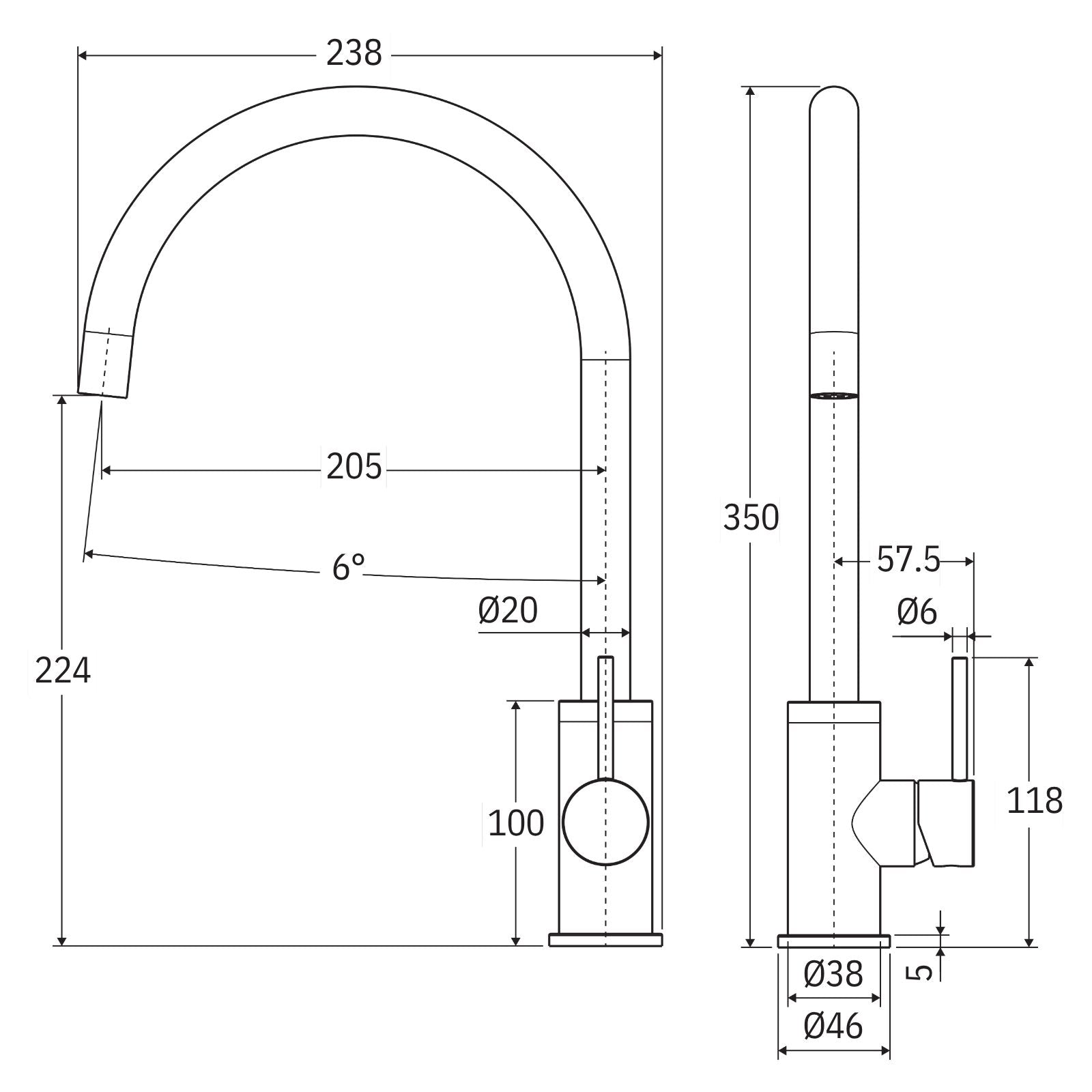 Technical Drawing Fienza Kaya Sink Mixer Matte Black 228105B-LF - The Blue Space